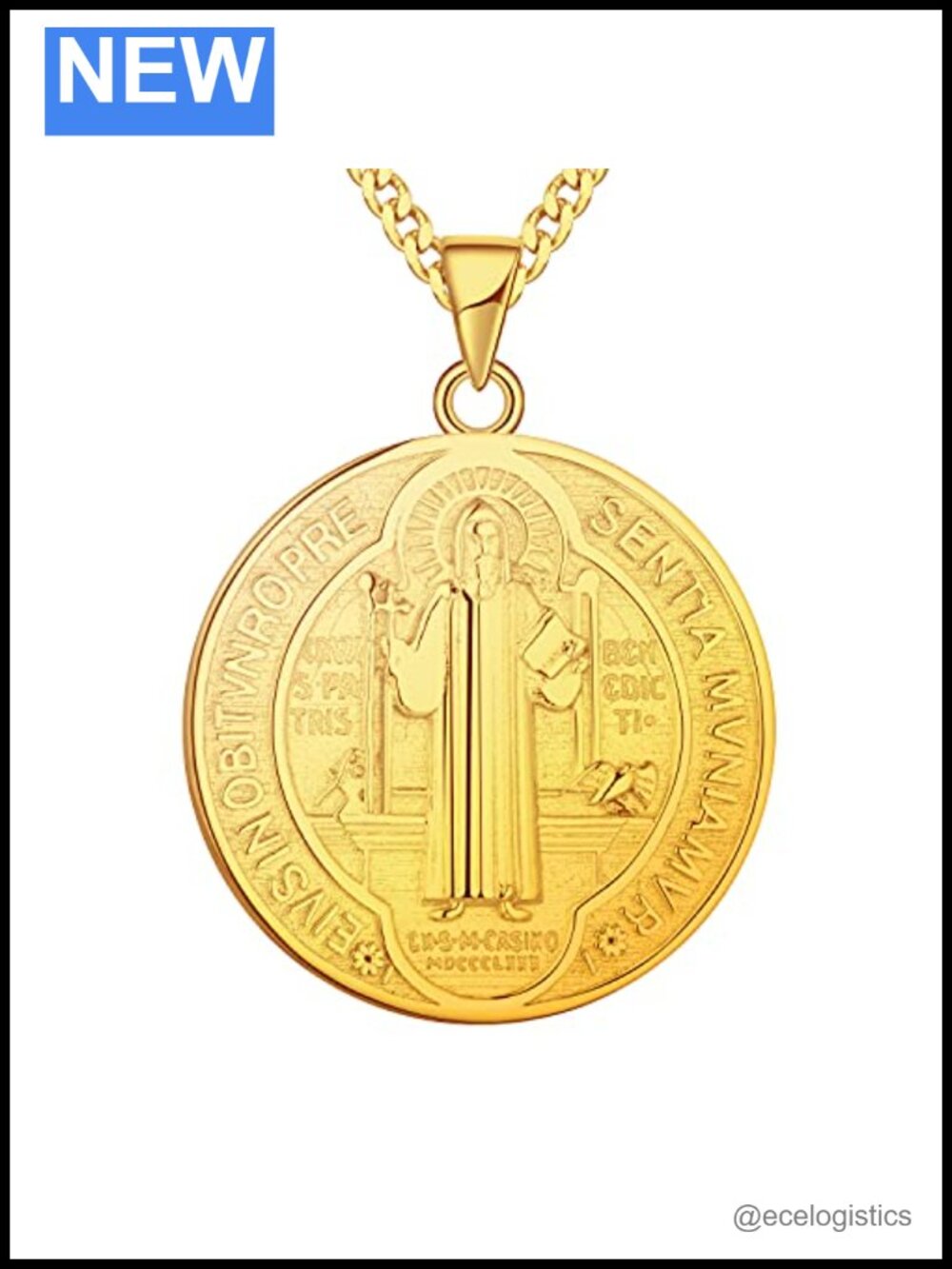 Saint Benedict Medal Pendant Necklace 925 Sterling Silver 18k Gold Plated